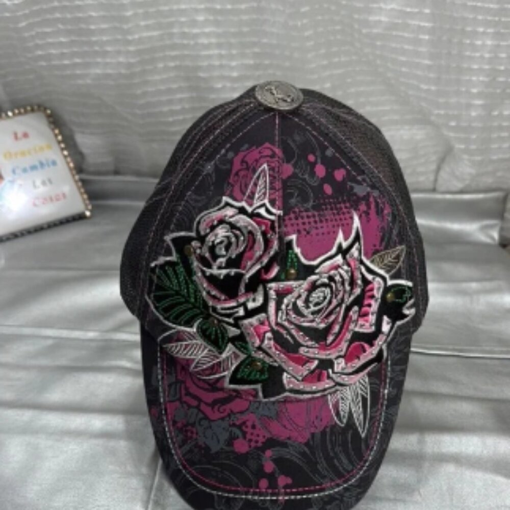 (W4) Leader LOGA Adjustable Vintage Cap with Beaded and Distressed Flower Design